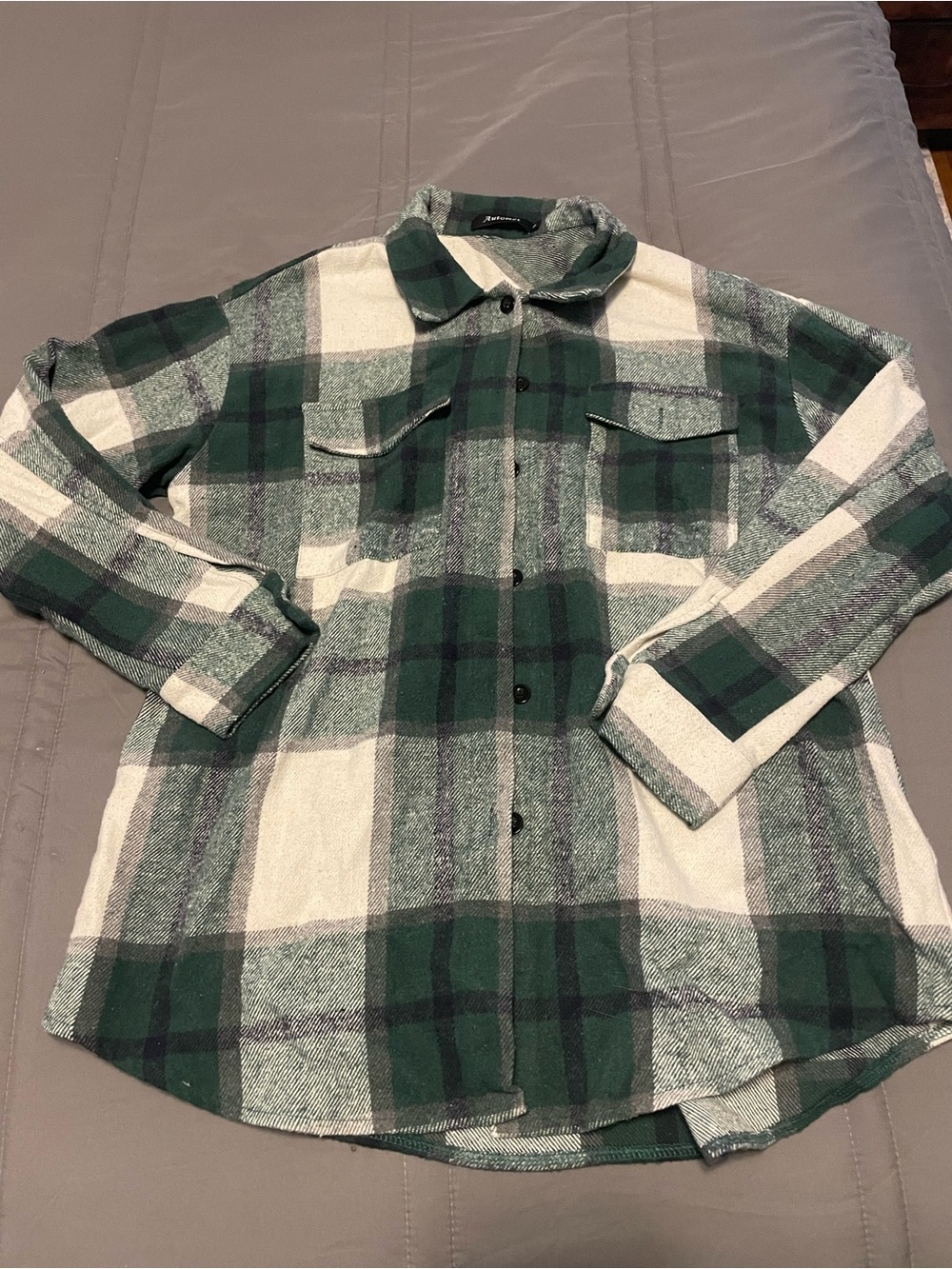 Women's Green and White Plaid Button-Down Shirt